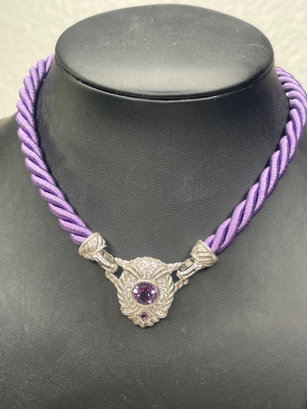 Judith Ripka Amethyst Pendant Purple Satin Cord Sterling Necklace
